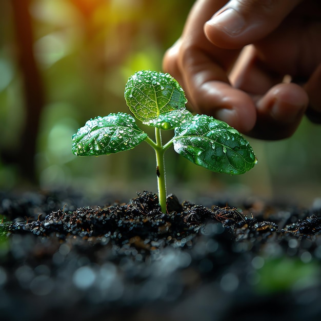 Hands holding or planting a seedling plant in soil Plants for save earth or world environment day