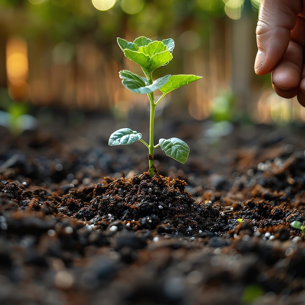 Hands holding or planting a seedling plant in soil Plants for save earth or world environment day