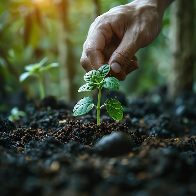 Hands holding or planting a seedling plant in soil Plants for save earth or world environment day