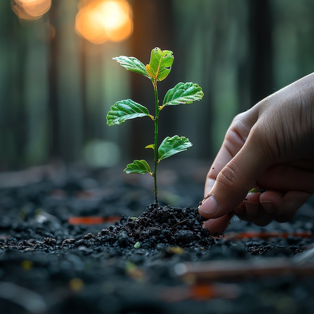 Hands holding or planting a seedling plant in soil Plants for save earth or world environment day