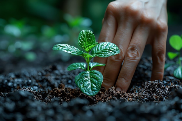 Hands holding or planting a seedling plant in soil Plants for save earth or world environment day