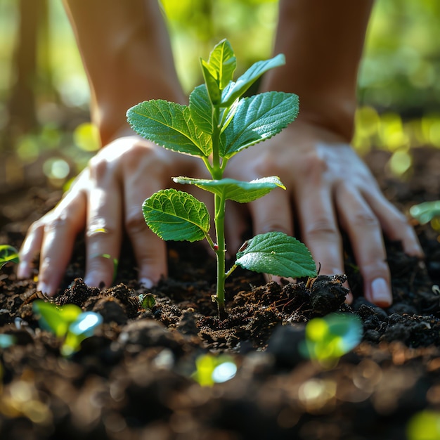 Hands holding or planting a seedling plant in soil Plants for save earth or world environment day