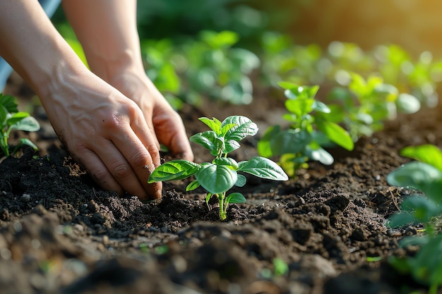 Hands holding or planting a seedling plant in soil Plants for save earth or world environment day