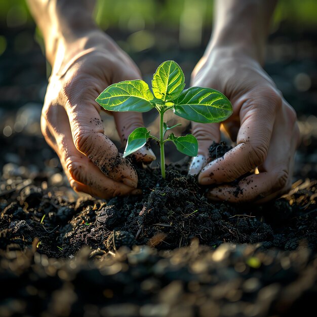 Hands holding or planting a seedling plant in soil Plants for save earth or world environment day