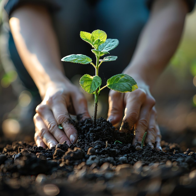 Hands holding or planting a seedling plant in soil Plants for save earth or world environment day