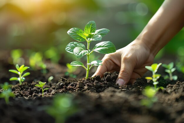 Hands holding or planting a seedling plant in soil Plants for save earth or world environment day