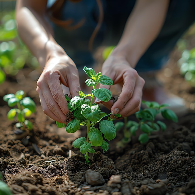 Hands holding or planting a seedling plant in soil Plants for save earth or world environment day