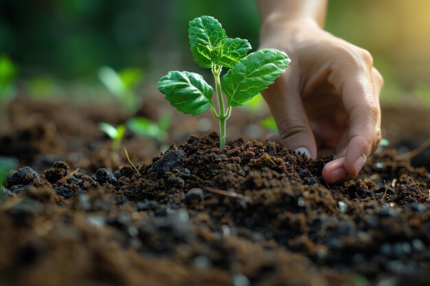 Hands holding or planting a seedling plant in soil Plants for save earth or world environment day