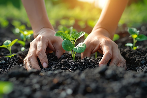 Hands holding or planting a seedling plant in soil Plants for save earth or world environment day