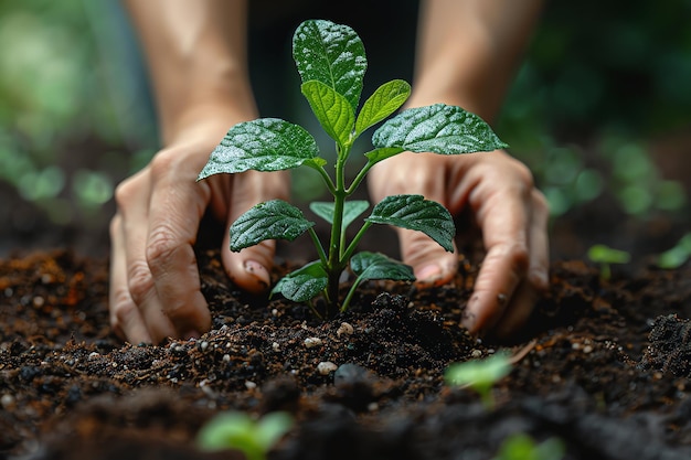 Hands holding or planting a seedling plant in soil Plants for save earth or world environment day