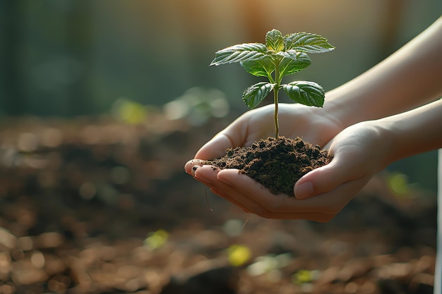 Hands holding or planting a seedling plant in soil Plants for save earth or world environment day