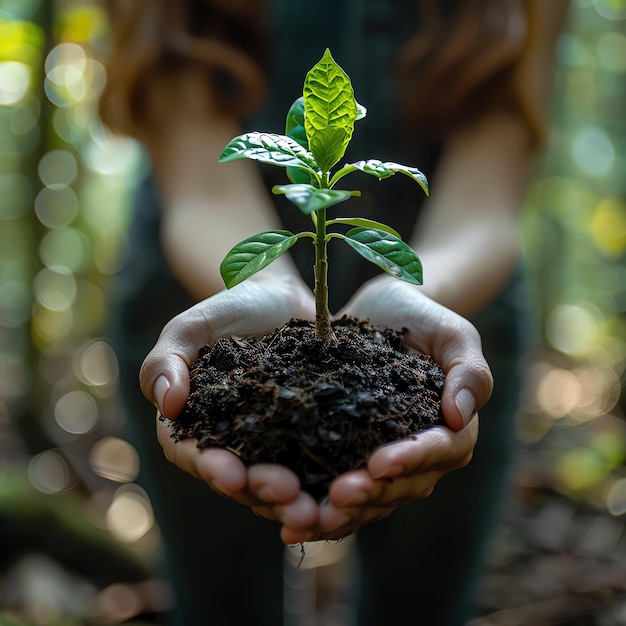 Hands holding or planting a seedling plant in soil Plants for save earth or world environment day