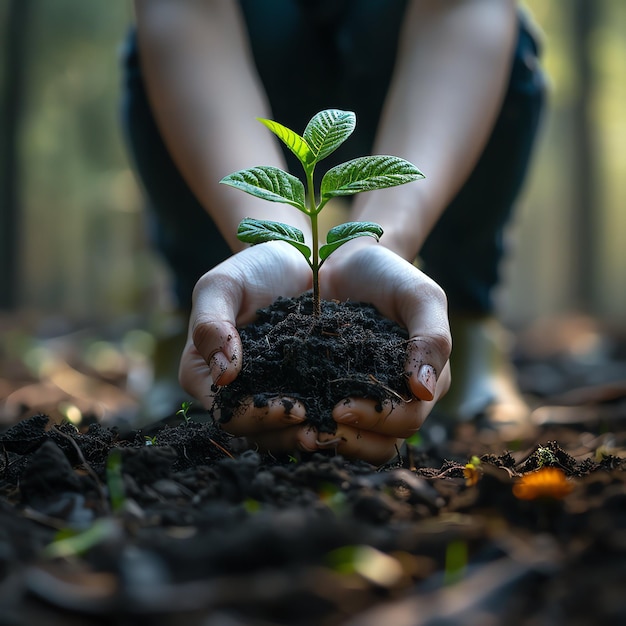 Hands holding or planting a seedling plant in soil Plants for save earth or world environment day