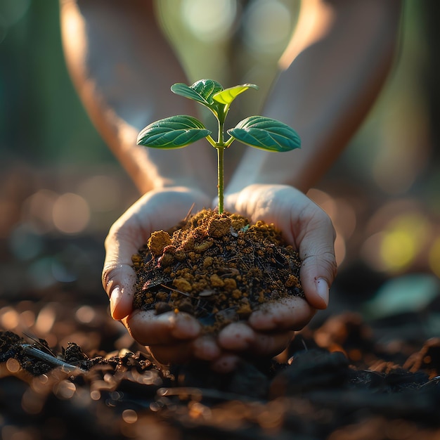 Hands holding or planting a seedling plant in soil Plants for save earth or world environment day