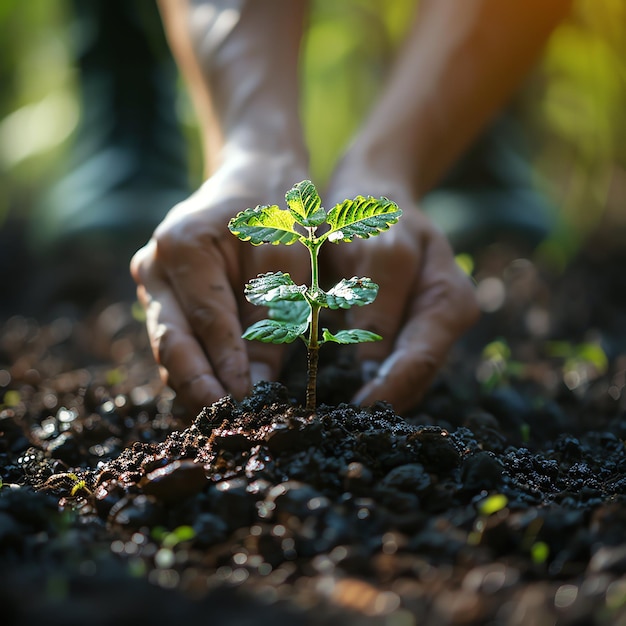 Hands holding or planting a seedling plant in soil Plants for save earth or world environment day