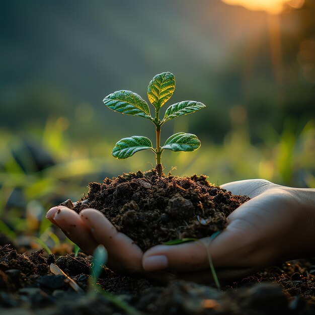 Hands holding or planting a seedling plant in soil Plants for save earth or world environment day