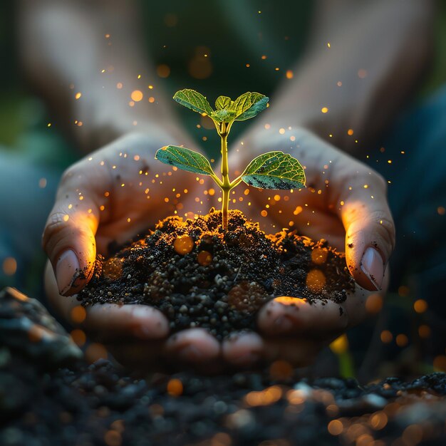 Hands holding or planting a seedling plant in soil Plants for save earth or world environment day