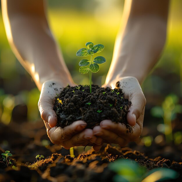 Hands holding or planting a seedling plant in soil Plants for save earth or world environment day