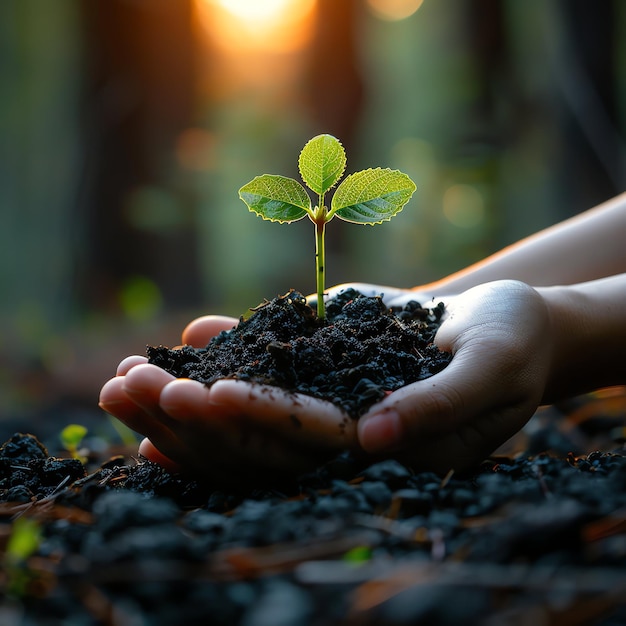 Hands holding or planting a seedling plant in soil Plants for save earth or world environment day