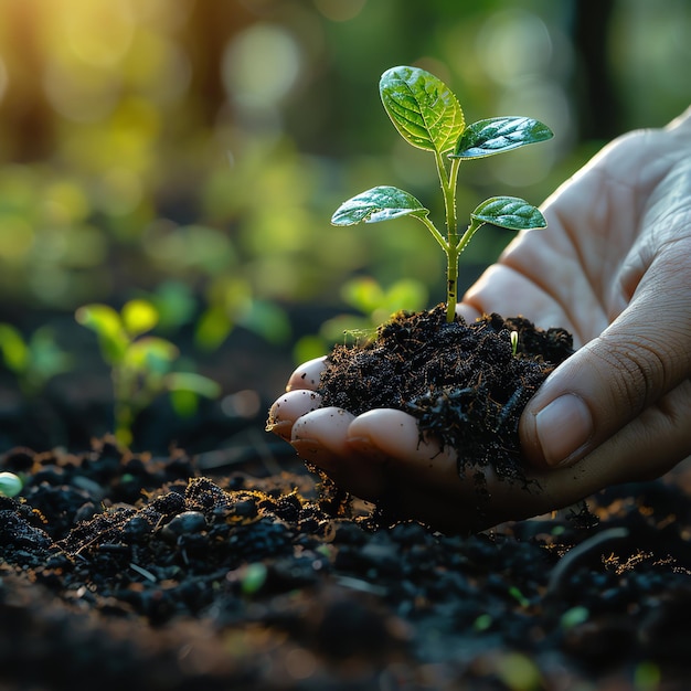 Hands holding or planting a seedling plant in soil Plants for save earth or world environment day