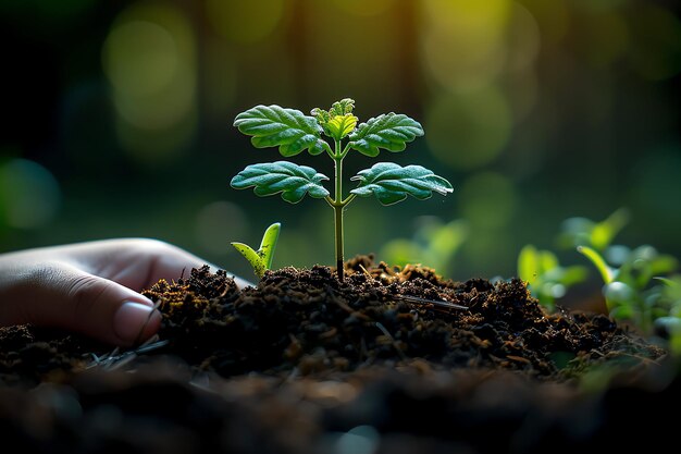 Hands holding or planting a seedling plant in soil Plants for save earth or world environment day