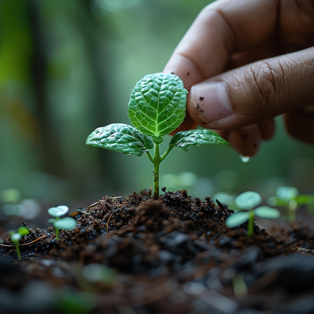 Hands holding or planting a seedling plant in soil Plants for save earth or world environment day