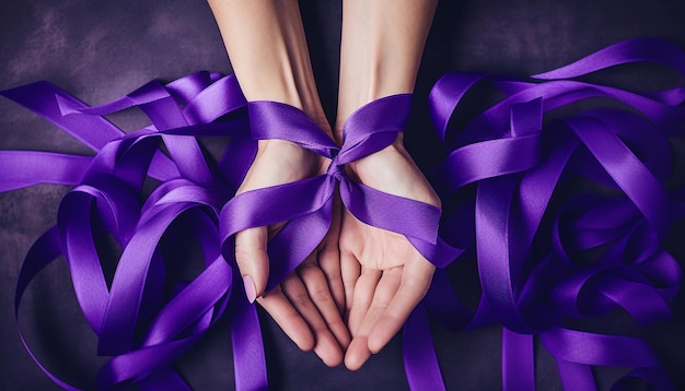 Hands holding Purple ribbons Alzheimer disease Pancreatic cancer