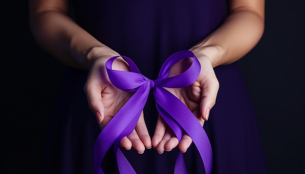 Hands holding Purple ribbons Alzheimer disease Pancreatic cancer