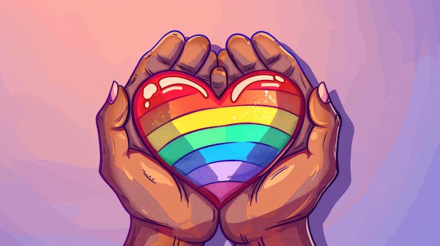 Hands holding rainbow colored heart