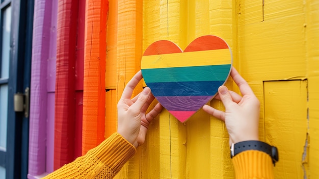 Photo hands holding a rainbowcolored heart on colorful background