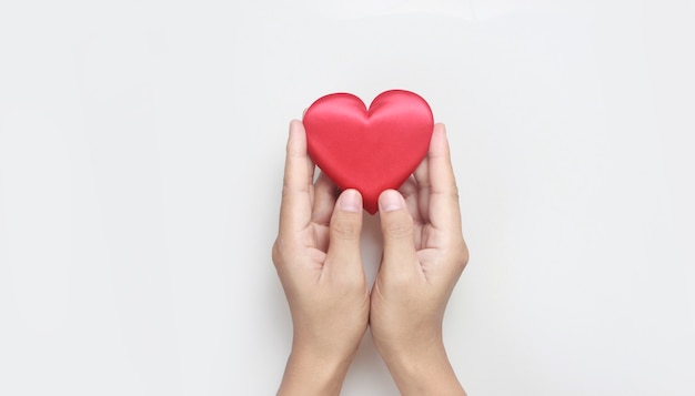 Hands holding a red heart. heart health donation concepts