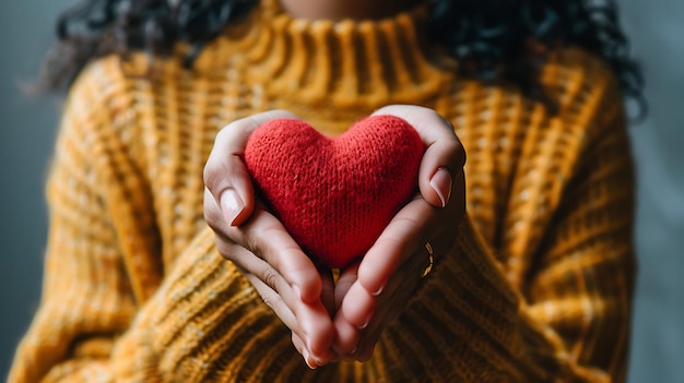 Photo hands holding red heart shaped plush toy