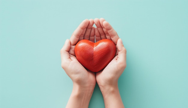 Hands holding a red heart symbolizing health care love organ donation day