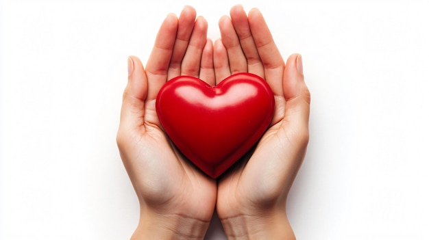 Hands Holding Red Heart on White Background