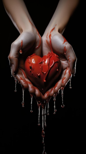 hands holding a red wet heart on black background generative AI