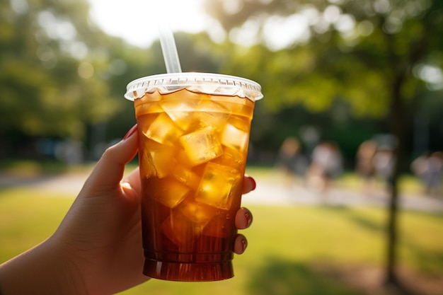 Hands holding a refreshing glass of iced tea against a summery outdoor background