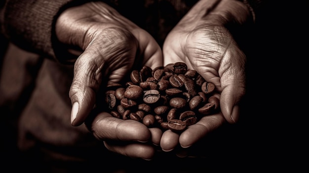 Hands holding roasted coffee beans Generative AI