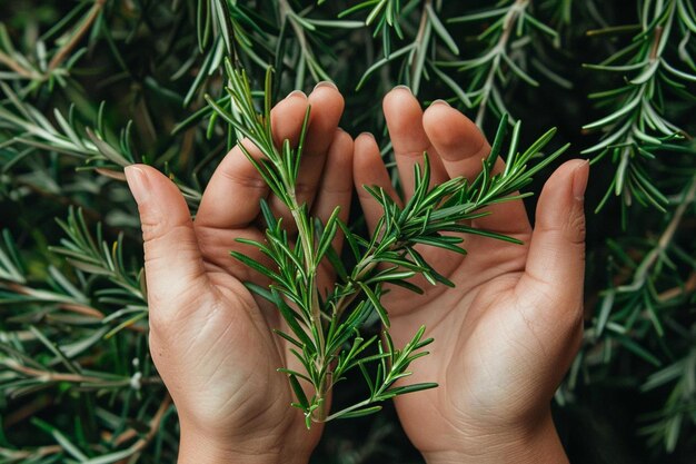 Photo hands holding rosemary fresh plant