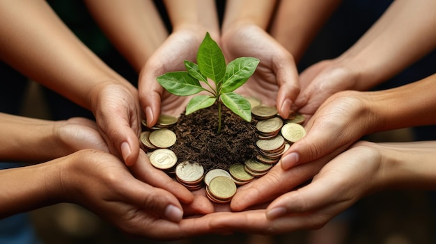 Photo hands holding a sapling and coins a symbol of growth and investment