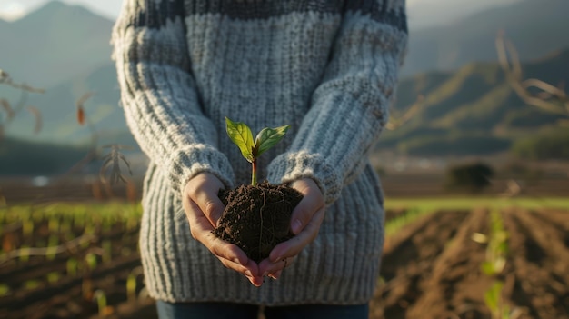 Photo the hands holding seedling