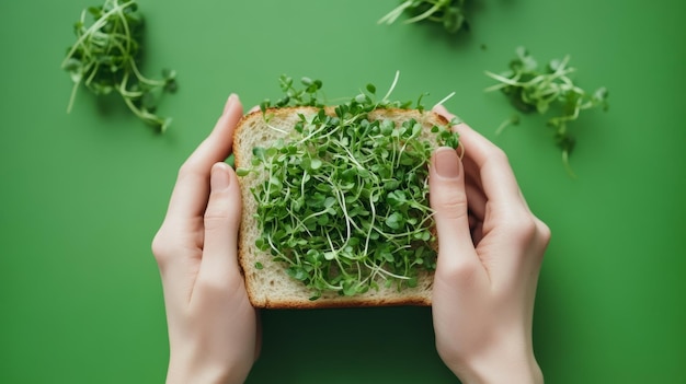 Hands holding a slice of bread topped with fresh microgreens on a green background Concept of healthy eating plantbased diet and ecofriendly living