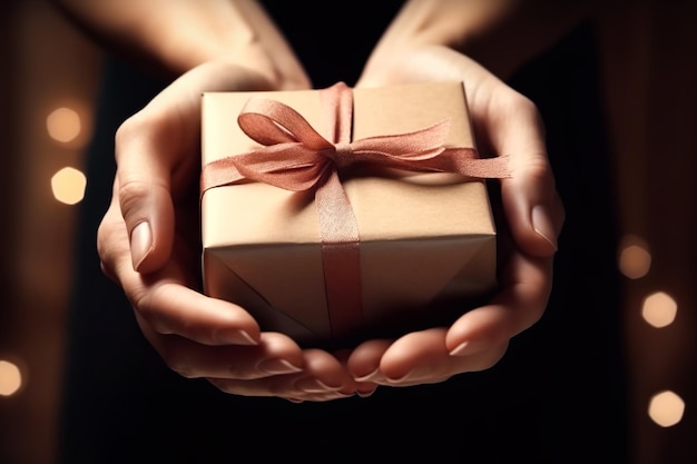 Hands holding a small gift box with a ribbon tied to it