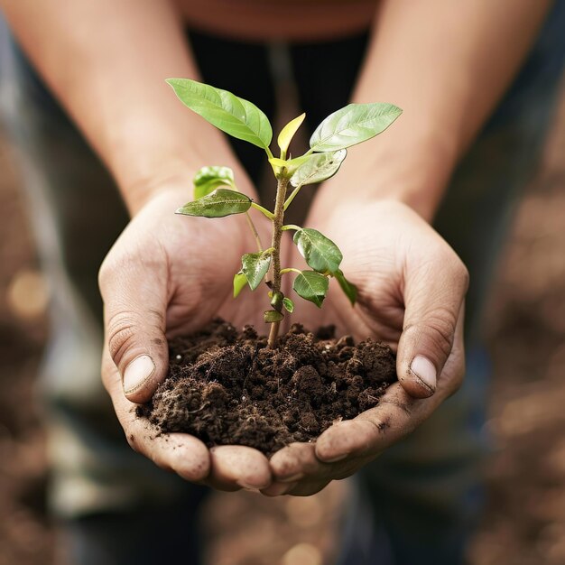 Hands holding a small green plant with soil symbolizing growth nurture and environmental sustainability