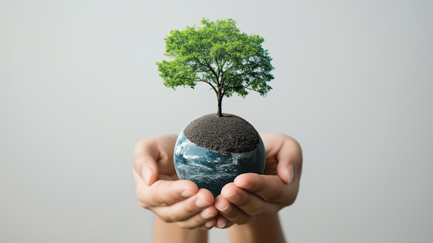 Photo hands holding small planet with tree symbolizing environmental conservation