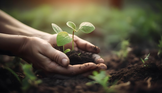 Hands holding a small plant in soil with the sun shining on it.