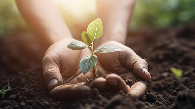 Hands holding a small plant in soil with the word plant on the front