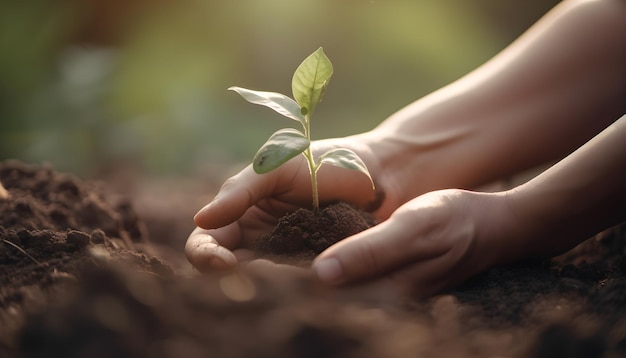 Hands holding a small plant in soil with the word seedling on it