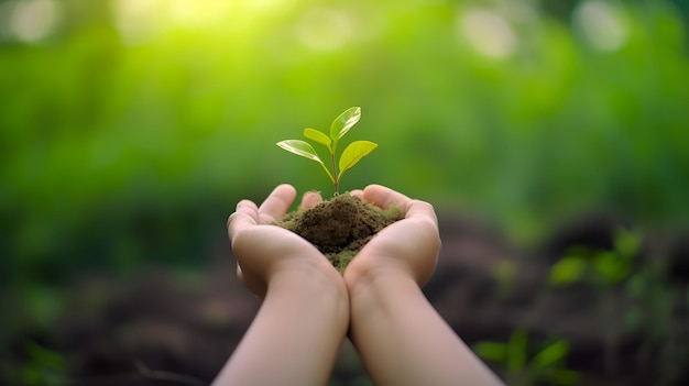 Hands holding a small plant with the sun shining on it