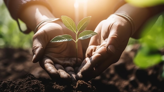 Hands holding a small plant with the word seedling on it