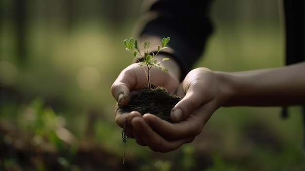 Hands holding a small plant with the word seedling on it